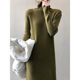 Women's Turtleneck Striped Ribbed Pit Knitted Sweater Dress 2022 Winter Korean Long Midi