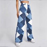 Graduation Party Dress Gift Streetwear Plaid Panelled Jeans Women High Waist Zipper Y2k Checkerboard Wide Leg Pants New