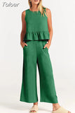 Summer Casual Sleeveless Pleated Pants Sets Wide-leg Loose Clothes 2 Piece Sets O Neck Trouser Suits Two Piece Set