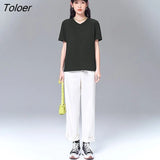 T-shirts 2022 Summer Short Sleeve V Neck Loose Tees Soft Solid Green Khaki Black Casual Basic