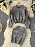 Winter OL Solid Sweater Sets Women O Neck Knitwear Top+High Waist Short Skirt Korean Casual Knitted Two Pieces