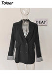 Fashion Women's Blazer New Notched Loose Double Breasted Spliced Striped Long Suit jackets Female Autumn 2023