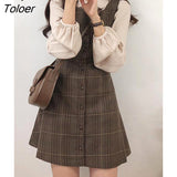 Cute Mini New Year Date Dresses Sleeveless Vest Women Korea Japanese Style Design Retro Vintage Plaid Button Shirt