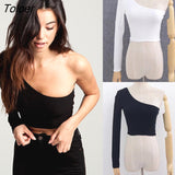 Women Tops Sexy One Shoulder Long Sleeve Camisole Femal Crop Tops Elastic Short Knitting Cropped Cami Tees