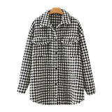 Women Fashion Oversized Houndstooth Frayed Tweed Jacket Coat Vintage Long Sleeve Pockets Female Outerwear Chic