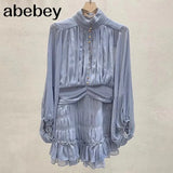 Temperament Fold Pleated Mini Dress For Women V Neck Puff Long Sleeve High Waist Button Slim Mesh Dresses Female 2021