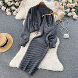 Fashion Vintage Sweater Two Pieces Sets Women Knit Cardigan+Midi Camis Dress Autumn Streetwear Loose Knitted