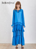 Ruffle Trim Two Tone Dress For Women V Neck Bell Sleeve Casual Long Dresses Female Fashion New Clothes 2022