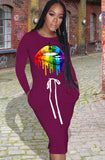 Lip Print Drawstrings O-Neck Shirt