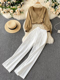 Women Summer Korean Fashion V neck Casual Long Sleeve Blouses+High Waist Long Pants Two Piece