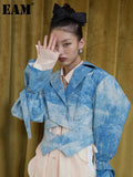 Loose Fit Blue Printed Big Size Short Jacket New Lapel Long Sleeve Women Coat Fashion Tide Spring Autumn 2023