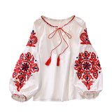 Vacation Retro National Style Embroidery With Esopre V-Neck Lantern Sleeve Shirt Shirt Women Loose
