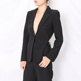 Sexy Party Backless Blazer For Women Notched Long Sleeve Streetwear Patchwork Chains Slim Fit Coat Female 2023 Spring