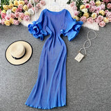 Casual Round Neck Flare Short Sleeve Pleated Long Dress Vintage High Waist Ruffles Female Vestidos New Fashion Robe Mujer