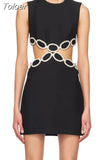 Solid Diamonds Mini Dress Women Round Neck Sleeveless Spliced Hollow Out Bodycon Dresses Female Summer 2023 Style