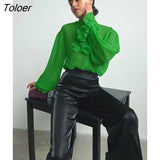 Green Chiffon Shirt Blouse Elegant Ruffle Lapel Lantern Sleeve Spring Women'S Blouse Casual Fashion Buttons Down Tops