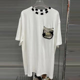 Loose Patchwork Pockets T Shirt For Women Round Neck Short Sleeve Colorblock T Shirts Female Clothing Fashion