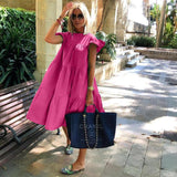 O Neck Casual Women Dress Lantern Short Sleeve Solid Pink Mini Dress Ladies Elegant A Line Summer