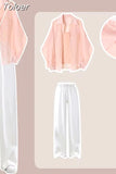 Pink Chiffon Shirt Strap Tank Top Wide Leg Pants Three Piece Elegant Women's Pants Set Casual Outfits Summer