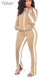 Winter Two Piece Set Tracksuit For Women Long Sleeve Striped Coat And Skinny Pants Sweat Suits Casual Sportswear