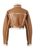 2023 New Autumn And Winter Turn-down Collar Full Sleeves PU Leather Flocking Waist Jacket Female Coat Tide Warm