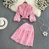 Temperament V-Neck Hollow Embroidered Lantern Sleeve Short Shirt Women Two Sets Hit High Waist Thin Word Half