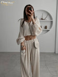 Sexy Beige Crop Shirts Womens Two Peice Sets Casual Loose Pleated Pants Set Female Summer High Waist Wide Trouser