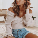 Women Knitting Sweaters V-Neck Lantern Sleeve Loose Streetwear Casual Femme Thick Warm Pullovers Knitwear