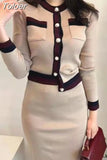 Autumn Women Office Knitted Skirt Set Long Sleeve Pockets Cardigan Tops + High Waist Mini Skirt Knitting 2 Two Pieces