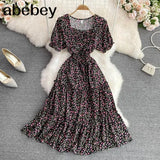 Sexy Square Collar Short Sleeve Women Midi Dress Beach Vacation Party Robe Female Elegant High Waist