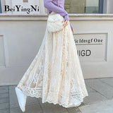 Lace Midi Skirt Woman Solid Color Hollow Out Maxi Long Black Skirts Womens Pleated Korean High Waist Jupe Saias