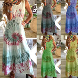 Summer Casual Women Maxi Dress Sexy Robe Women Casual O Neck Sleeveless Swirl Print Large Hem Beach Loose Long Dress