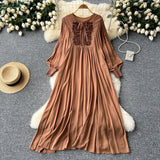 Industry Embroidery Loose Holiday Dress Women Large Size Show Lean Meat Sweet Tie With Round Lantern Sleeve