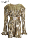 Fashion Women's Dress Round Neck Long Sleeve High Waist Belt Above Knee Gold Party Dresses Female Autumn 2023 New