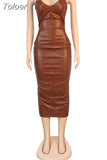 PU Leather Elegant Slim Fit Party Dress Women Spaghetti Strap Sleeveless Wrap Dress Sexy Backless High Split Skinny