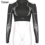 Hollow Out Shoulder Black Goth Woman Tshirts With Buckle Zip Up Slim Sexy Girl Techwear Stripe Long Sleeve Autumn