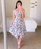 Summer Ladies Sexy Off Shoulder Flower Print Dress Elegant Short Sleeve Elastic Irregular Casual Dress Vestido De