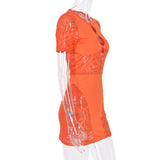 Sisterlinda Autumn Sexy See Through Bodycon Mini Dress Women Casual Street Short Sleeve Hollow Out Party Clubwaer Female