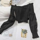 Sexy Slash Neck Short Tops Women Ruffle Long Sleeve Khaki/White Shirts Casual Slim Off Shoulder Tops Female New Fashion