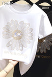 Fashion Ins Hot Rhinestone Loose T-shirt Women 2023 Summer Small Daisy Short Sleeve Sun Flower Cotton Tshirt