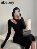 Sleeve Black Knit Dress Autumn winter Tight Cutout Sexy Slit Midi Dress 2000s Long Maxi Womens Dresses New Arrival