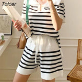 Tracksuits Loose Trendy Striped Knitted Suit Female Lapel Short Pullover Tops + Sashes Bow High Waist Shorts 2 Piece