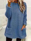 Women's Autumn And Winter New Long-Sleeved Round-Neck Casual Loose Plush Wear Pocket Top