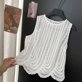 Wearing A Female Summer Sweet Heavy Industry Hollow Embroidered Round Sleeveless Shirt