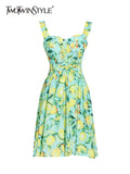 Vintage Print Sling Dress For Women Square Collar Sleeveless High Waist Folds Mini Dresses Female Fashion