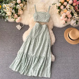 Women Hollow Out Two Piece Set Vintage Sleeveless Slash Neck Tank Tops + High Waist Long Skirt Ladies White/Green 2pc