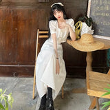 Party Summer Two Piece Set Women Korean Short Backless Puff Sleeve Blouses+High Street Bandage Long Skirts Elegant Chic Set Women