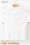 Women Polo Shirts Short Sleeve Knit T-shirt Plain Women Ribbed V-neck Crop Top Solid Slim Cropped Tees 2023