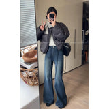 Blue T-Shirted High-Belt Plus Velvet Horn Jeans Women Autumn And Winter Spring And Autumn Narrow Version Straight Horseshoe Long