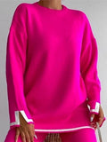 Women Casual Contrast Slit Sweater Suits O-Neck Knitted Pullover And Wide Leg Pants Female 2 Piece Set Elegant Warm Lilac